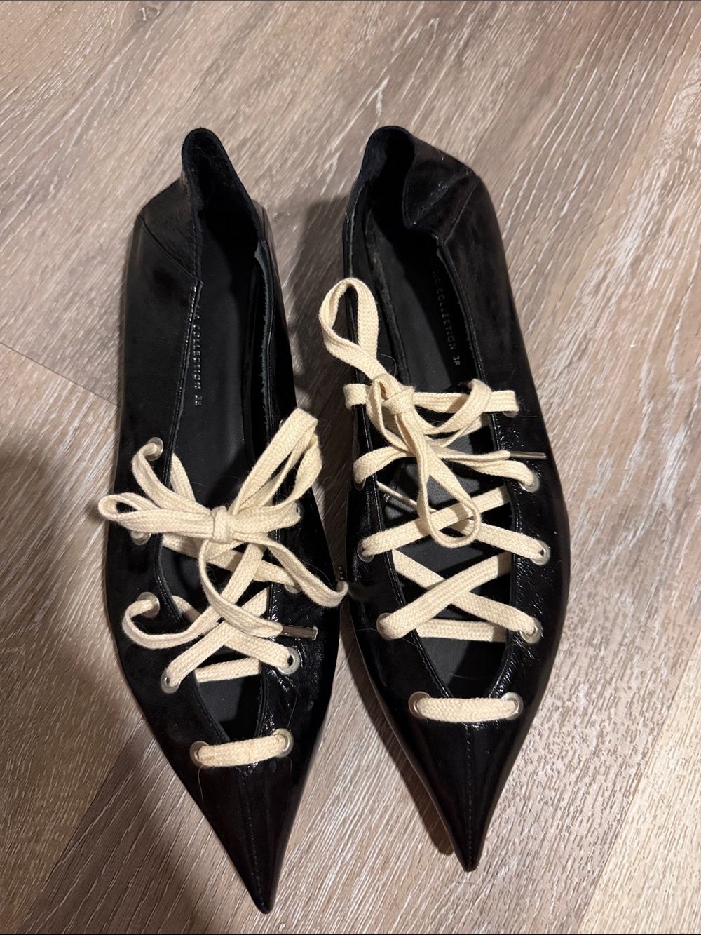 Zara Black Pointed Lace-Up Flats with Cream Laces